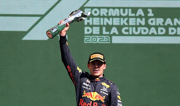 Red Bull's Max Verstappen celebrates on the podium after winning the race, Mexico City, Mexico on November 7, 2021 (Source: AFP)