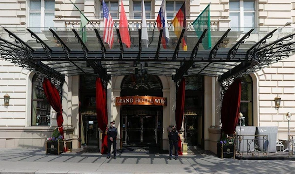 Police stand outside a hotel where a meeting of the Joint Commission of the Joint Comprehensive Plan of Action (JCPOA), or Iran nuclear deal, is held in Vienna, Austria, April 20, 2021 (Reuters)