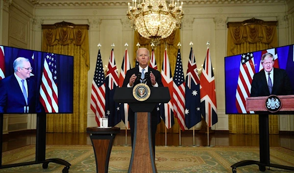 US President Joe Biden's virtual meeting with Australian PM Scott Morrison and UK PM Boris Johnson, September 15, 2021 (Reuters)