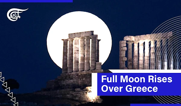 Full Moon Rises Over Temple of Poseidon in Greece