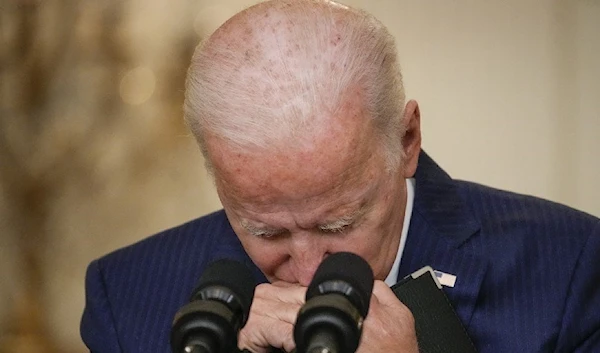 Biden in a press conference following Kabul attacks, August 16, 2021 (AFP)