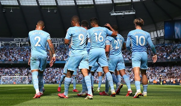 City's players celebrate Ferran Torres' goal against Arsenal