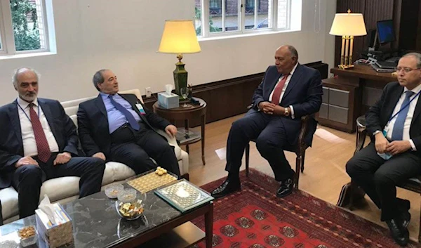 Syrian Foreign Minister Faisal Mekdad meeting with Egyptian Foreign Minister Sameh Shoukry in New York, 24 September, 2021