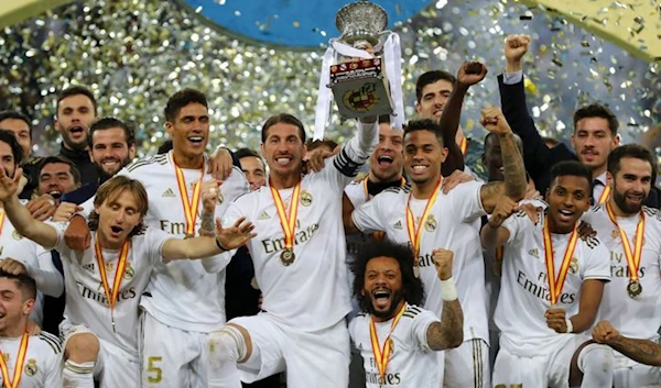 Real Madrid players lifting the Spanish Super Cup trophy at King Fahd Stadium after beating Athletic Bilbao January 16, 2022, Riyadh, Saudi Arabia