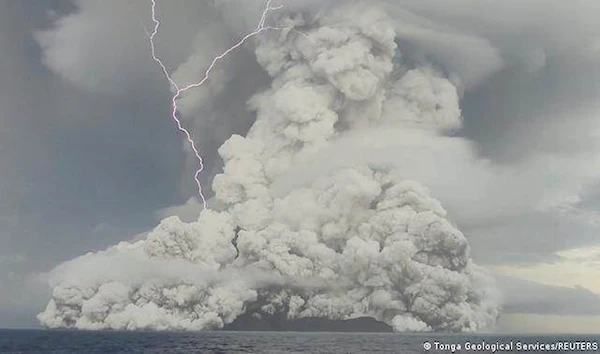 Ash-cloud generated lighting is visible during the eruption of the Hunga Tonga-Hunga Ha'apai volcano. (Tonga Geological Services/Reuters)