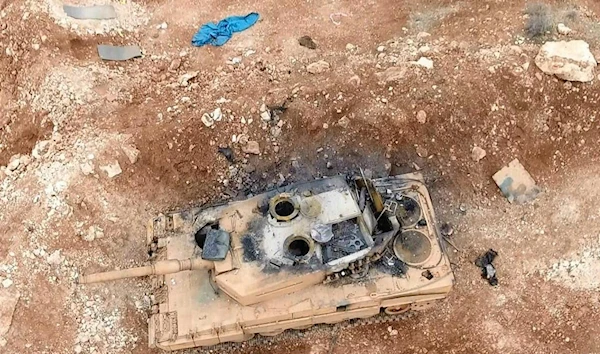 A destroyed German-made Turkish Leopard 2A4 during battles with ISIS militant near the Syrian ciry of al-Bab during the winter of 2016-2017