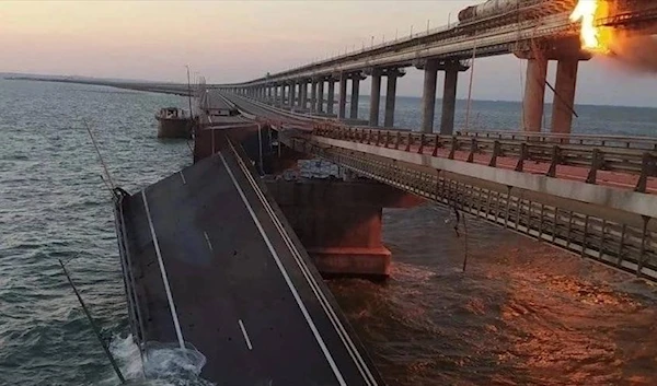 Explosion causes fire at the Kerch bridge in the Kerch Strait, Crimea, October 8, 2022.