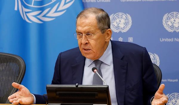 Russian Foreign Minister Sergey Lavrov holds a news conference on the sidelines of the 77th session of the United Nations General Assembly, at U.N. headquarters, Saturday, Sept. 24, 2022 (AP Photo/Jason DeCrow)