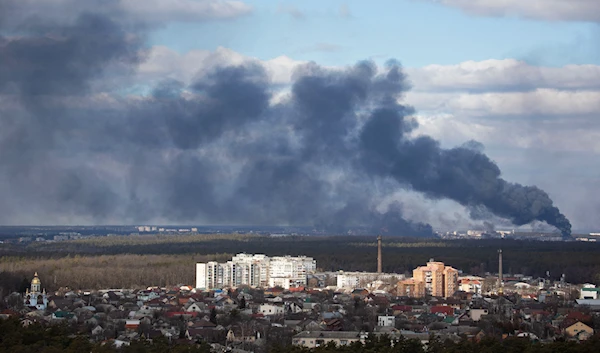 Smoke rises after shelling on the outskirts of Kiev, Ukraine February 27, 2022 (Reuters)