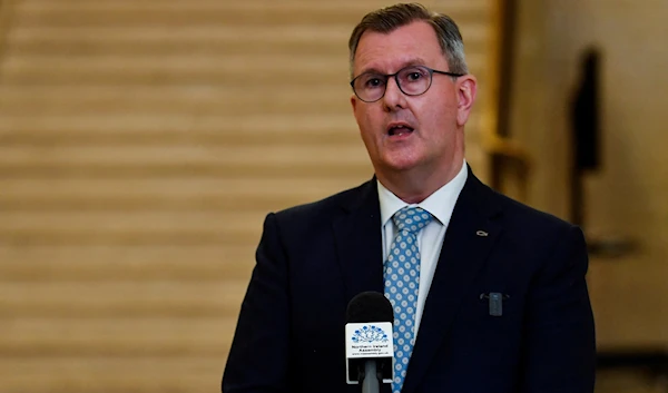 Democratic Unionist Party (DUP) leader Jeffrey Donaldson speaks at the Stormont Parliament Buildings in Belfast, Northern Ireland June 13, 2022 (Reuters)