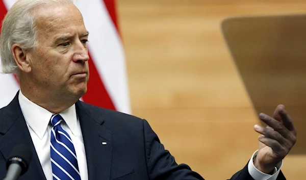 Then-U.S. Vice President Joe Biden gestures as he speaks at the parliament of Bosnia and Herzegovina in Sarajevo on May 19, 2009. ELVIS BARUKCIC/AFP VIA GETTY IMAGES