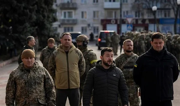 Ukrainian President Volodymyr Zelensky speaks to the media in Kherson, southern Ukraine (AP)