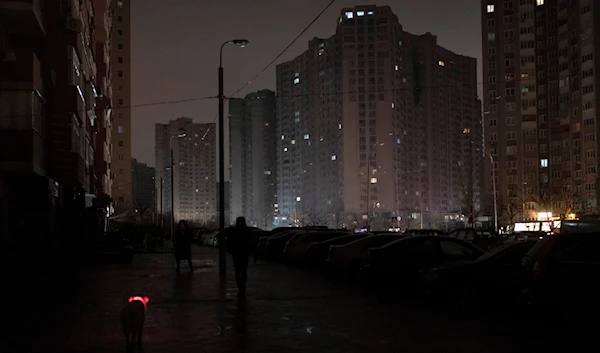 A dog with a lit up collar walks in a street during a blackout in Kyiv, Ukraine, Wednesday, Nov. 16, 2022 (AP Photo/Andrew Kravchenko, File)