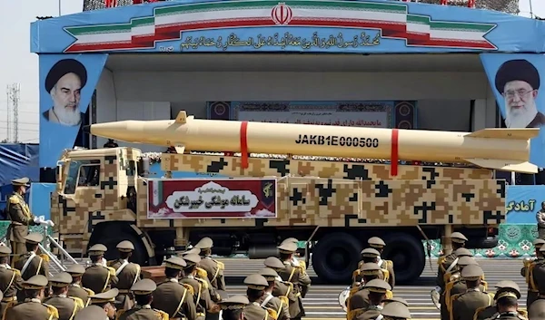 Iranian missile Kheibar Shekan on display during the annual military parade marking the anniversary of the outbreak of the devastating 1980-1988 war with Saddam Hussein’s Iraq, in the capital Tehran on September 22, 2022.