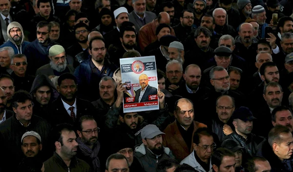 Friends and supporters of the Saudi journalist Jamal Khashoggi held funeral prayers over an empty marble slab at one of Istanbul’s holiest mosques in November 2018. Source: Huseyin Aldemir/Reuters