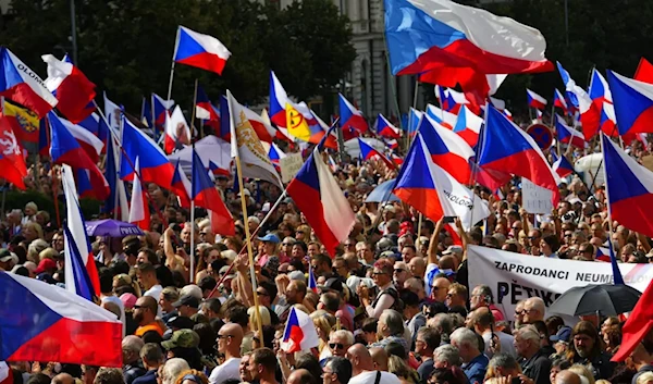 Thousands of demonstrators gather to protest against the government at the Vencesla's Square in Prague, Czech Republic, Saturday, Sept. 3. Source:  Copyright  Petr David Josek/Copyright 2022 The Associated Press. All rights reserved   -