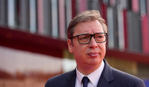 Serbian President Aleksandar Vucic during arrivals for the EU-Western Balkans Summit, in Tirana, Albania, Tuesday, Dec. 6, 2022 (AP Photo/Andreea Alexandru)