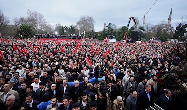 Supporters of Istanbul Mayor Ekrem Imamoglu rally to oppose the conviction and political ban of Imamoglu, in Istanbul.