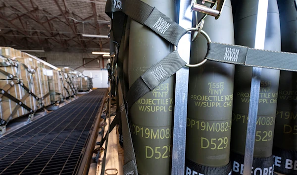 Pallets of 155 mm shells ultimately bound for Ukraine are loaded by the 436th Aerial Port Squadron, Friday, April 29, 2022, at Dover Air Force Base, Del (AP Photo/Alex Brandon, File)