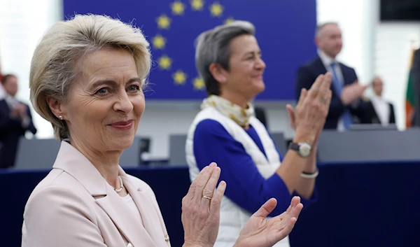 European Commission President Ursula von der Leyen applauds during a ceremony marking the 70th anniversary of the European Parliament, Tuesday, Nov. 22, 2022 in Strasbourg, eastern France (AP Photo/Jean-Francois Badias)