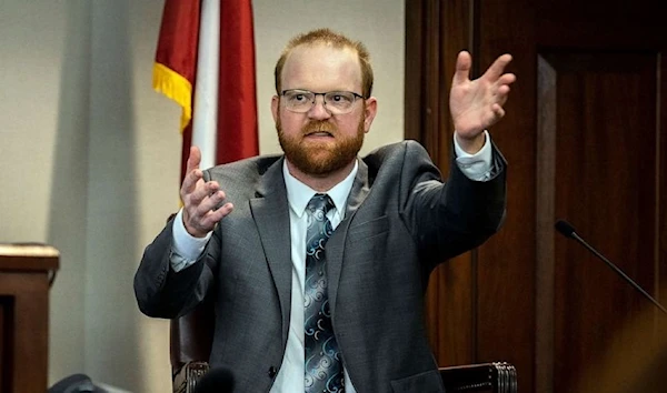 Travis McMichael speaks from the witness stand during his trial at the Glynn County Courthouse in Brunswick on November 17, 2021. (Getty)