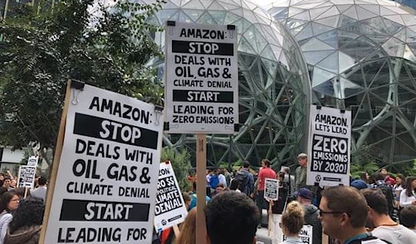 Amazon workers protest outside the company’s Seattle headquarters in September 2019. (AP)