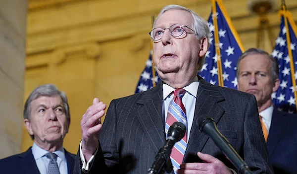 Republican Senate Minority Leader Mitch McConnell, Washington, DC, February 8, 2022, with Republican Senator Roy Blunt, and Republican Senator John Thune (AP)