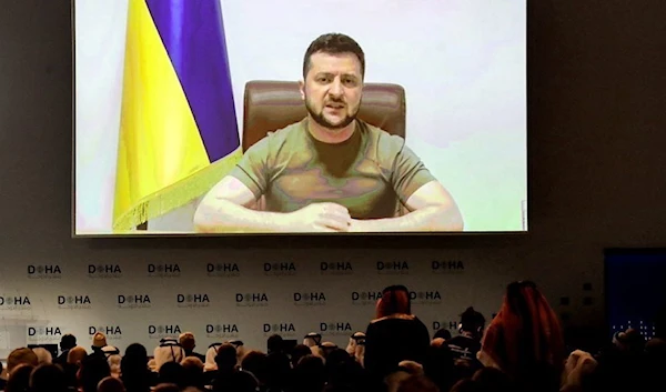 Ukraine’s President Volodymyr Zelensky during his video appearance Saturday at Qatar’s Doha Forum.