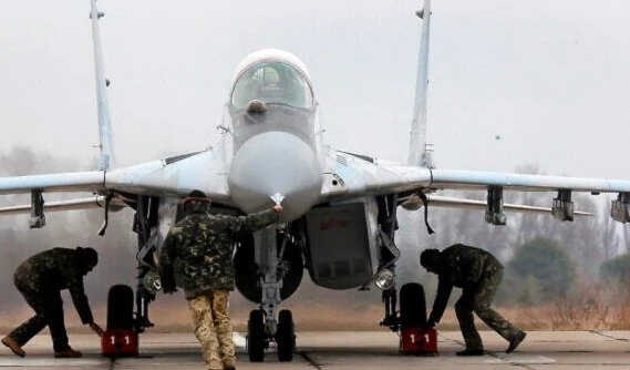 A Ukrainian MIG-29 fighter jet is parked at the Vasilkov air base outside outside Kiev (AP)