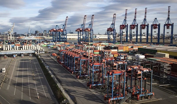 View on the container terminal Tollerort of Hamburg Hafen and Logistik AG ports in Hamburg, Germany, Friday,  March 20, 2020. (AP)