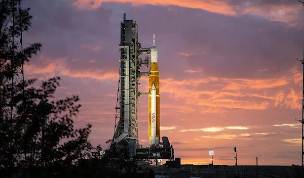 The Artemis 1 Space Launch System rocket at Kennedy Space Center’s Launch Pad 39B