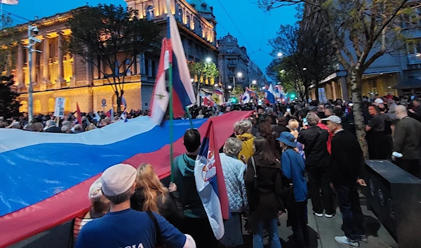 Serbian protestors marching in support of Russia in Belgrade, Serbia, April 15, 2022