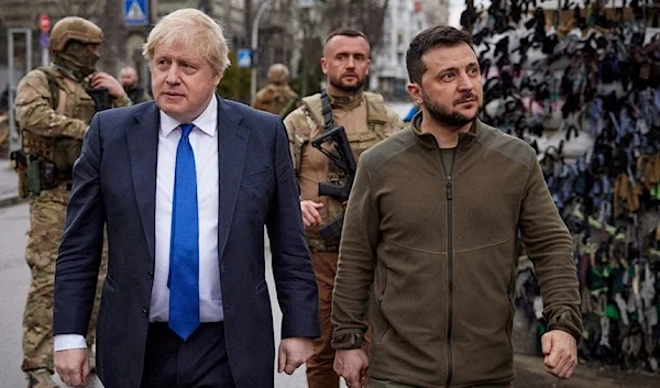 Ukraine's President Volodymyr Zelensky and UK Prime Minister Boris Johnson in Kiev, Ukraine April 9, 2022. (REUTERS)