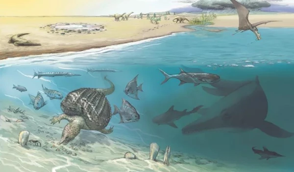 Illustration of an enormous ichthyosaur hunting in the Triassic seas (Dr. Heinz Furrer)