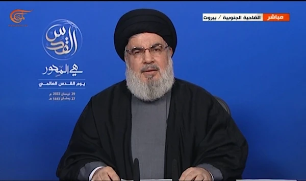 Hezbollah Secretary-General Sayyed Hassan Nasrallah speaking on Al-Quds day from Beirut, Lebanon, April 29, 2022