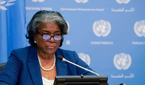 US ambassador to the United Nations, Linda Thomas-Greenfield, and President of the Security Council speaks during a press conference for the Security Council programme of work in March at the UN Headquarters in New York on 1 March 2021. (Getty Images)