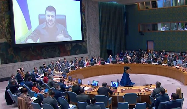 Ukrainian President Volodymyr Zelensky addressing the UN Security Council on April 5, 2022