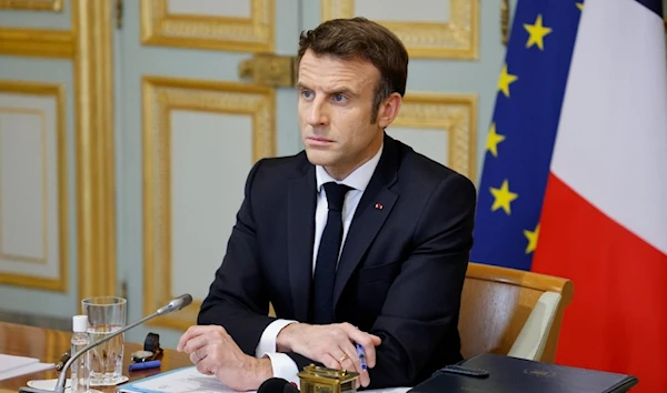 French President Emmanuel Macron during a video meeing with G7 leader G7 leaders on Ukraine at the Elysee Palace in Paris, February 24, 2022 (AP)