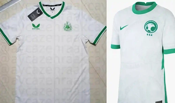 A leaked image (left) purporting to show Newcastle’s 2022-23 away kit designed by Castore, and (right) Saudi Arabia’s football shirt. (twitter; Nike)