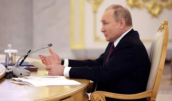 Russian President Vladimir Putin speaking during a CSTO meeting in Moscow, Russia