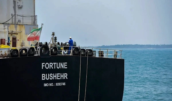 The Iranian-flagged oil tanker docked in Venezuela, on May 25, 2020 (AFP)