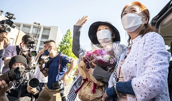 Japanese Red Army founder Fusako Shigenobu following her release from prison in Akishima, Japan, on May 28, 2022 (AFP)