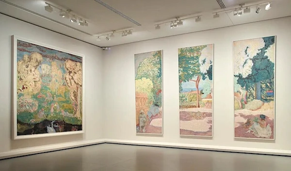 Landscapes by Pierre Bonnard that hung on the staircase of Ivan Morozov’s home, on display at the Louis Vuitton Foundation.Credit...Marc Domage/Fondation Louis Vuitton