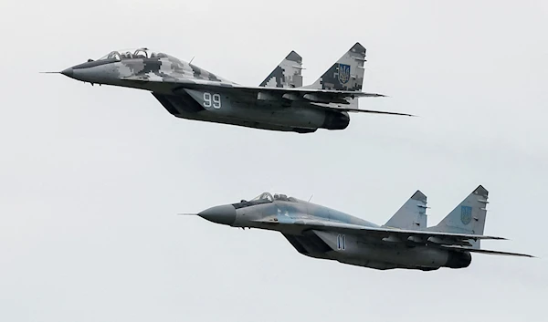 MIG-29 fighter aircrafts fly at a military air base in Vasylkiv, Ukraine