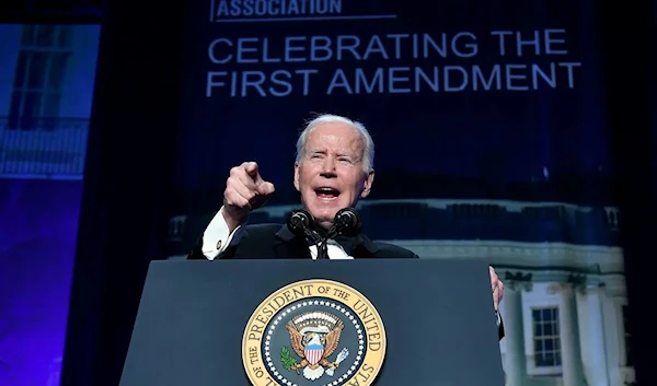 US President Joe Biden speaks during the White House Correspondents Association gala, on April 30, 2022 (AFP)