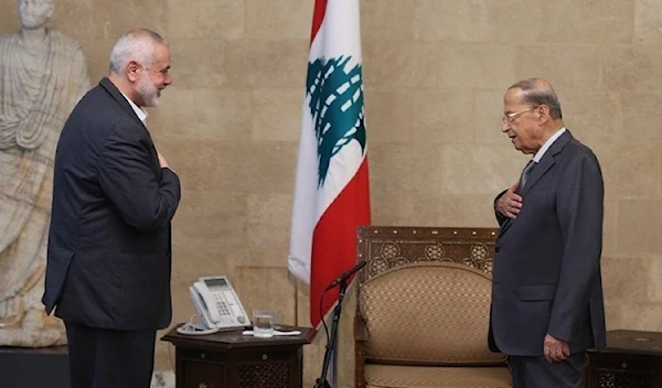 Haniyeh meeting Lebanese President Michel Aoun during his visit to Lebanon in June 2021