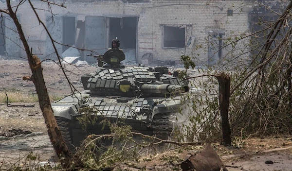 A Ukrainian tank is in position during heavy fighting in Severodonetsk, Lugansk