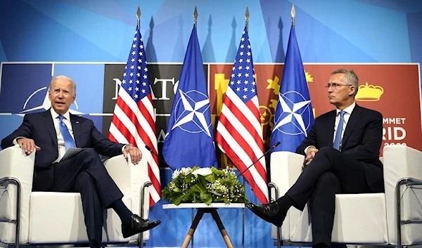 US President Joe Biden, with NATO Secretary General Jens Stoltenberg during a meeting at the NATO summit in Madrid, Spain, on June 29, 2022. (AP)