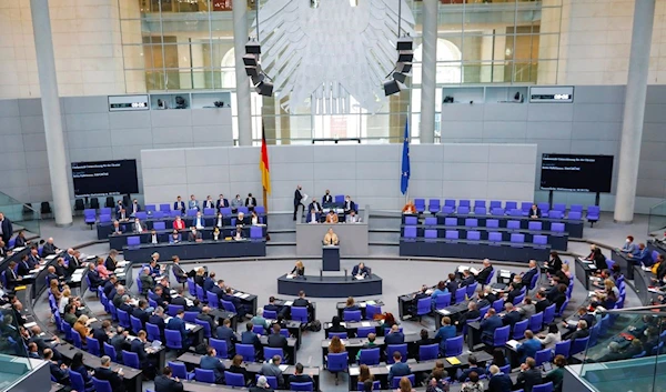 A general view of the plenary hall of the German lower house of parliament, April 28, 2022 (Reuters)