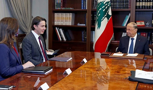 Lebanese President Michel Aoun meets with US Envoy for Energy Affairs Amos Hochstein and US Ambassador to Lebanon Dorothy Shea at the presidential palace in Baabda, east of Beirut, Lebanon, February 9, 2022 (AP)